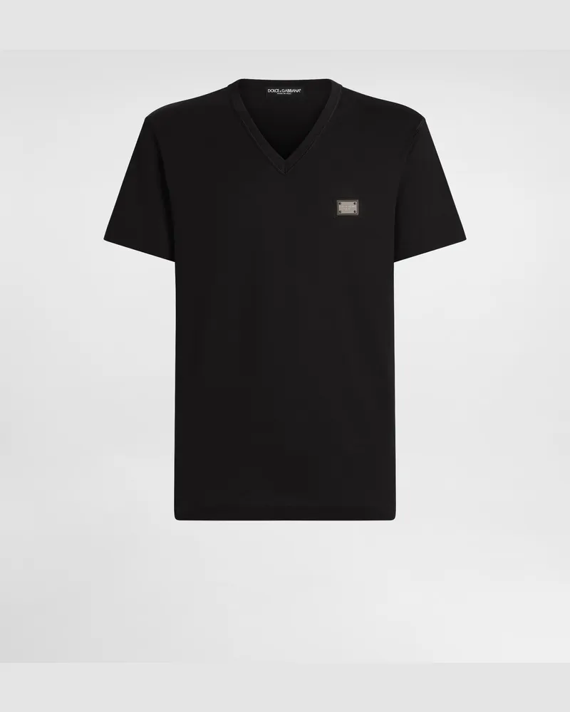 Dolce & Gabbana Baumwoll-t-shirt V-ausschnitt Mit Logoplakette - Mann T-shirts Und Polos Blau Baumwolle Blau