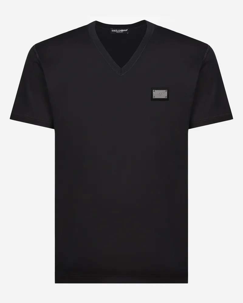 Dolce & Gabbana Baumwoll-t-shirt V-ausschnitt Mit Logoplakette - Mann T-shirts Und Polos Blau Baumwolle Blau