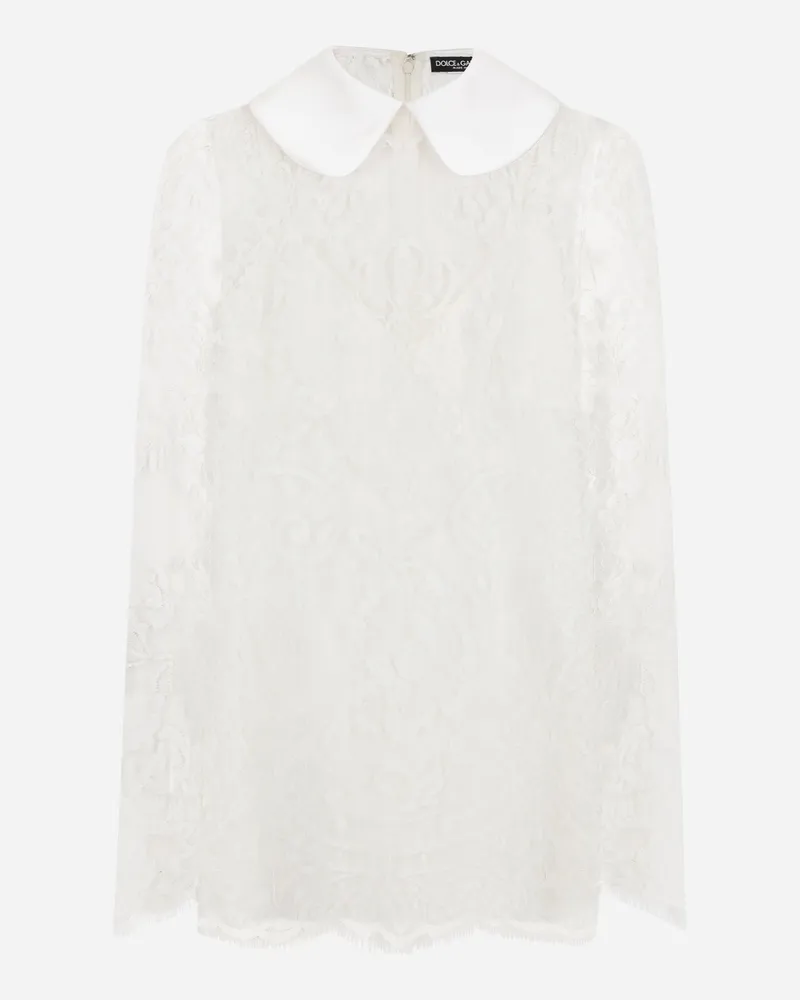 Dolce & Gabbana Kurzes Kleid Aus Spitze Mit Kragen Aus Satin - Frau Kleider Wei White