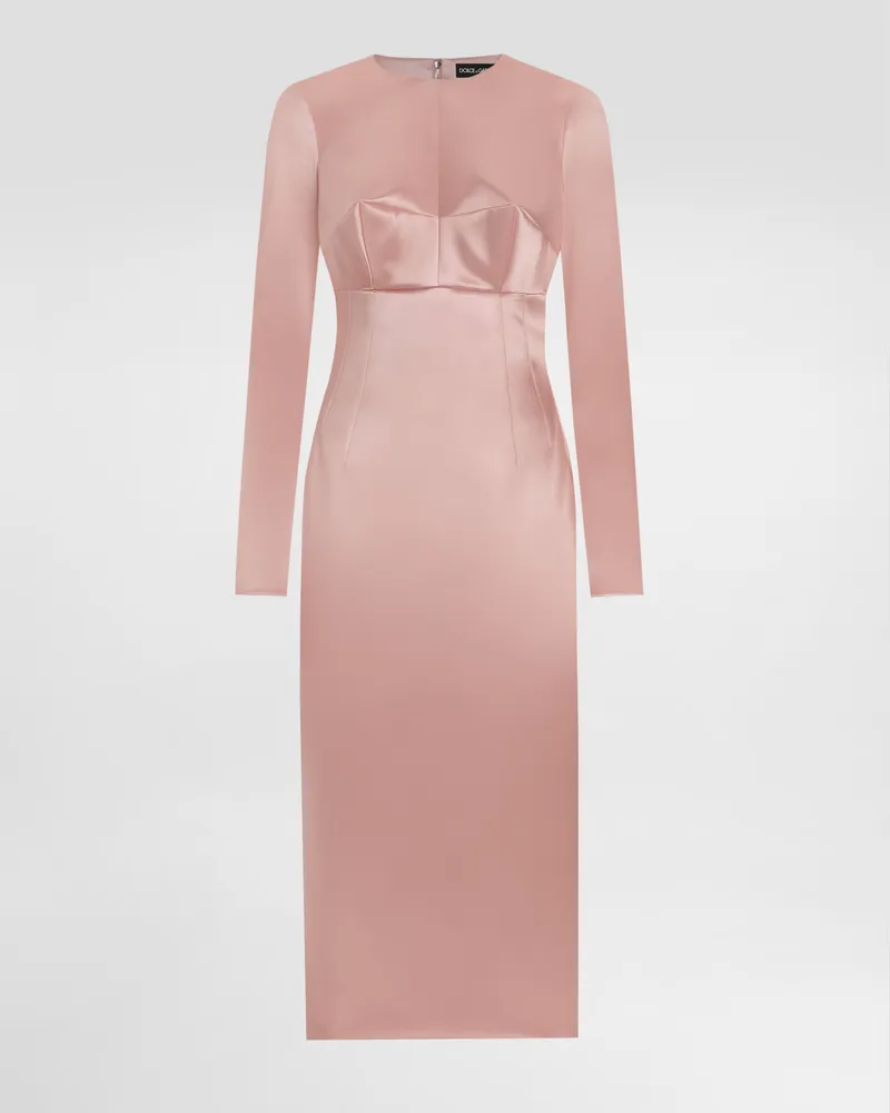 Dolce & Gabbana Longuettekleid Mit Rundhalsausschnitt Aus Stretchsatin - Frau Kleider Rosa Satin Rosa