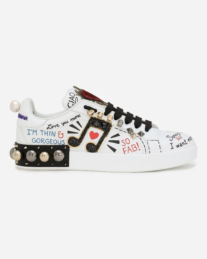 Dolce & Gabbana Sneakers Portofino aus bedrucktem kalbsnappaleder mit patch und stickerei Wei?