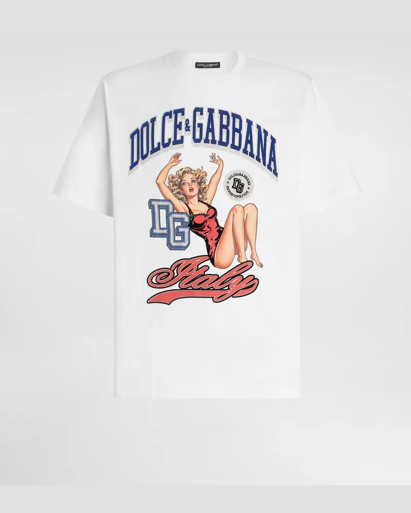 Dolce & Gabbana T-shirt Aus Baumwolle Mit Print Und Stickerei - Mann T-shirts Und Polos Cremewei Sahne
