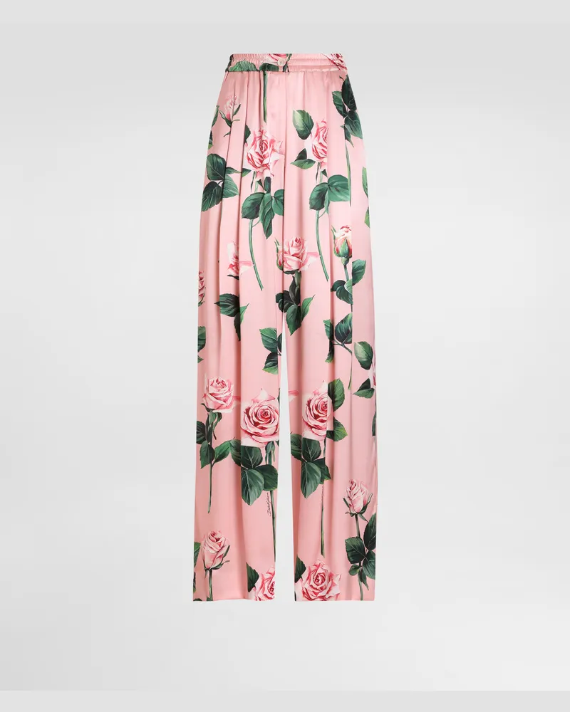 Dolce & Gabbana Pyjamahose Aus Seide Rosenprint - Frau Hosen Und Shorts Drucken Drucken