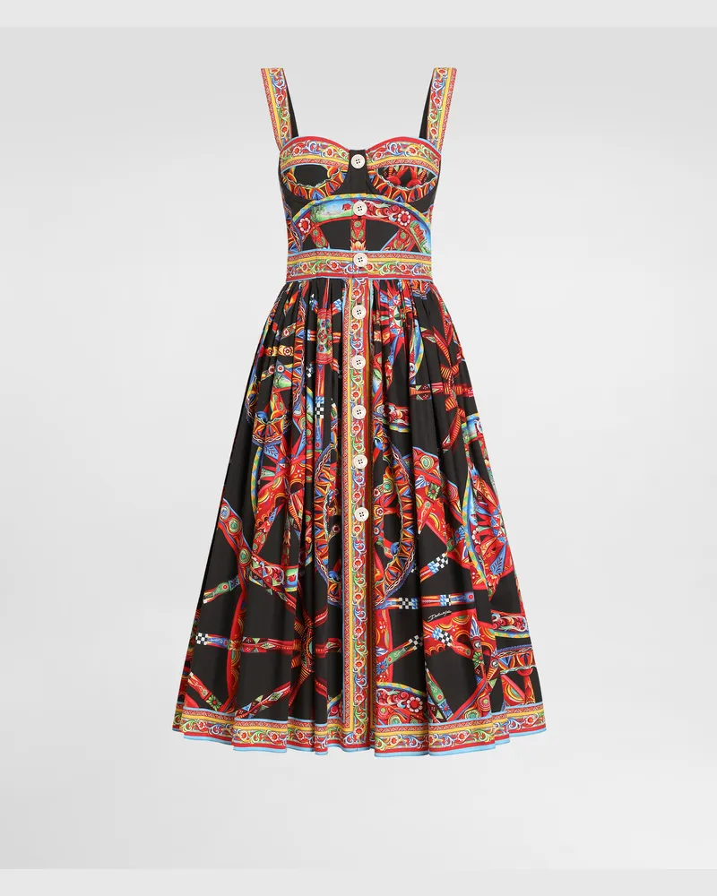 Dolce & Gabbana Langes Kleid Aus Popeline In Carretto-print - Frau Kleider Mehrfarbig Mehrfarbig