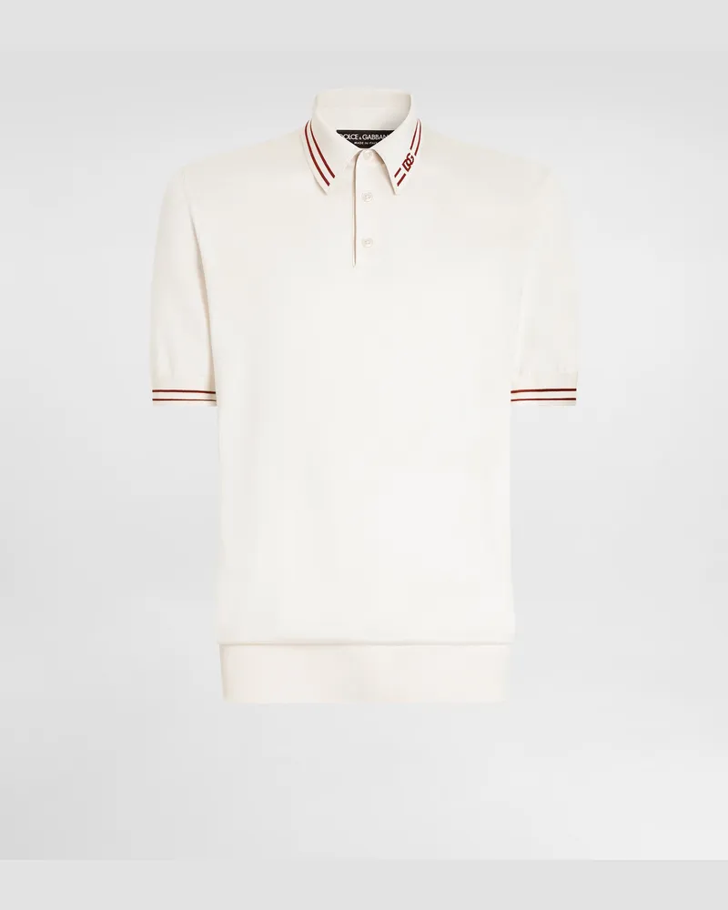 Dolce & Gabbana Poloshirt Aus Glatter Seide Mit Dg-intarsie - Mann Strickwaren Wei White