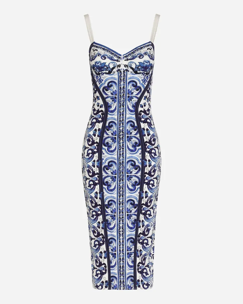 Dolce & Gabbana Bustierkleid Aus Charmeuse Majolika-print - Frau Kleider Blau Seide Mehrfarbig