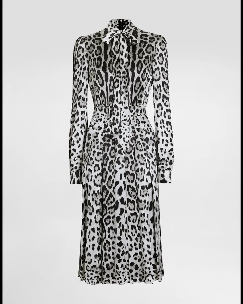Dolce & Gabbana Longuette-hemdblusenkleid Aus Satin Mit Schleife Leoprint - Frau Kleider Drucken Drucken
