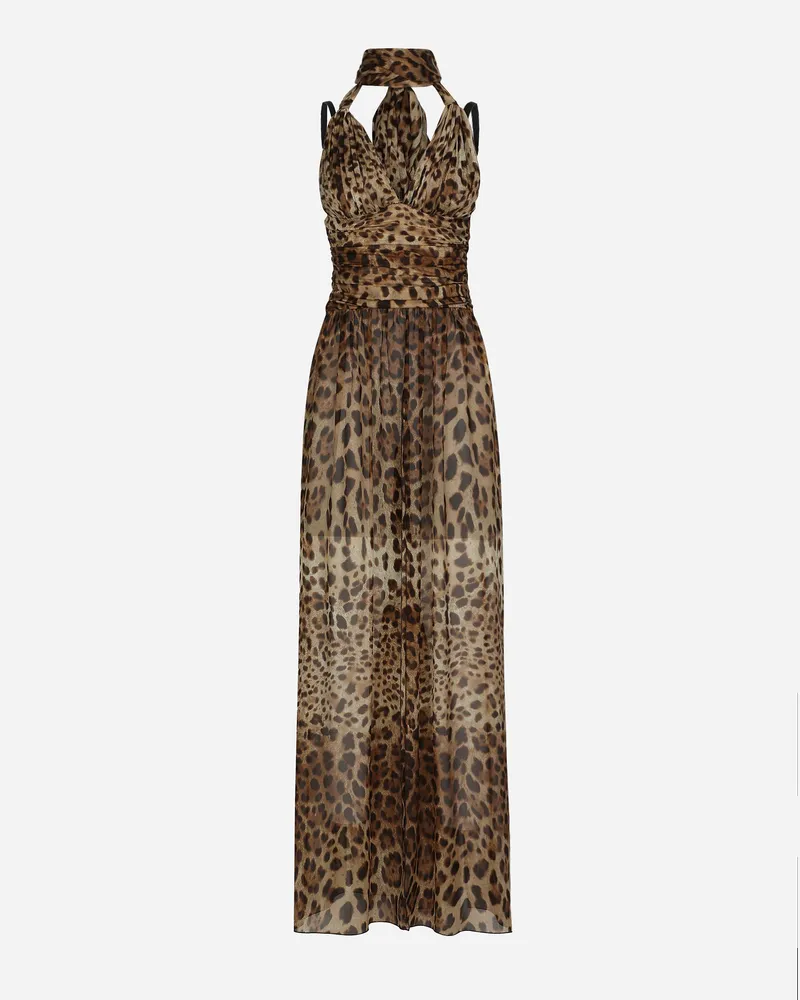 Dolce & Gabbana Langes Kleid Aus Chiffon Leoprint - Frau Kleider Animalprint Drucken