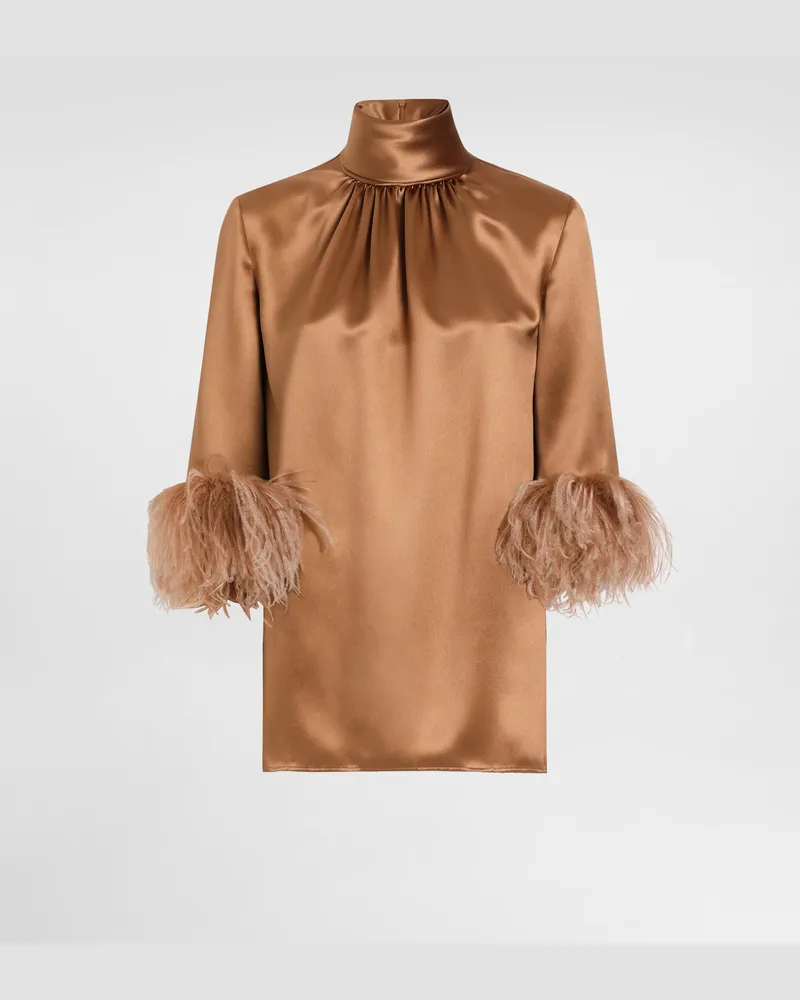 Dolce & Gabbana Oberteil Mit Hohem Kragen Aus Doppelsatin Mit Federdetail - Frau Blusen Und Tops Beige Beige