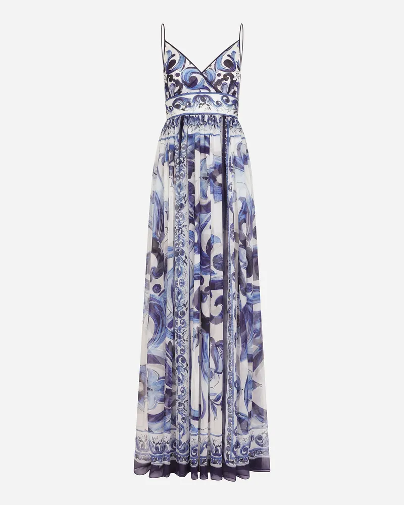 Dolce & Gabbana Langes Kleid Aus Chiffon Majolika-print - Frau Kleider Blau Mehrfarbig