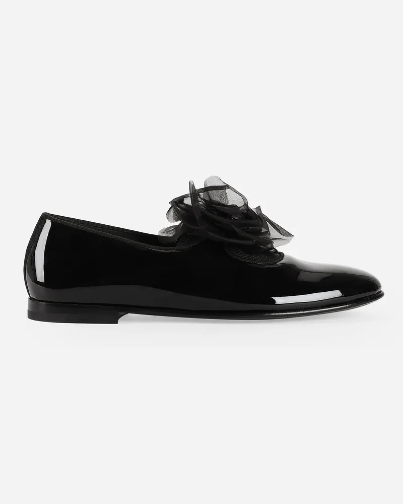 Dolce & Gabbana Slipper Aus Lackleder Mit Blumenapplikation - Mann Driver Und Mokassins Schwarz Schwarz