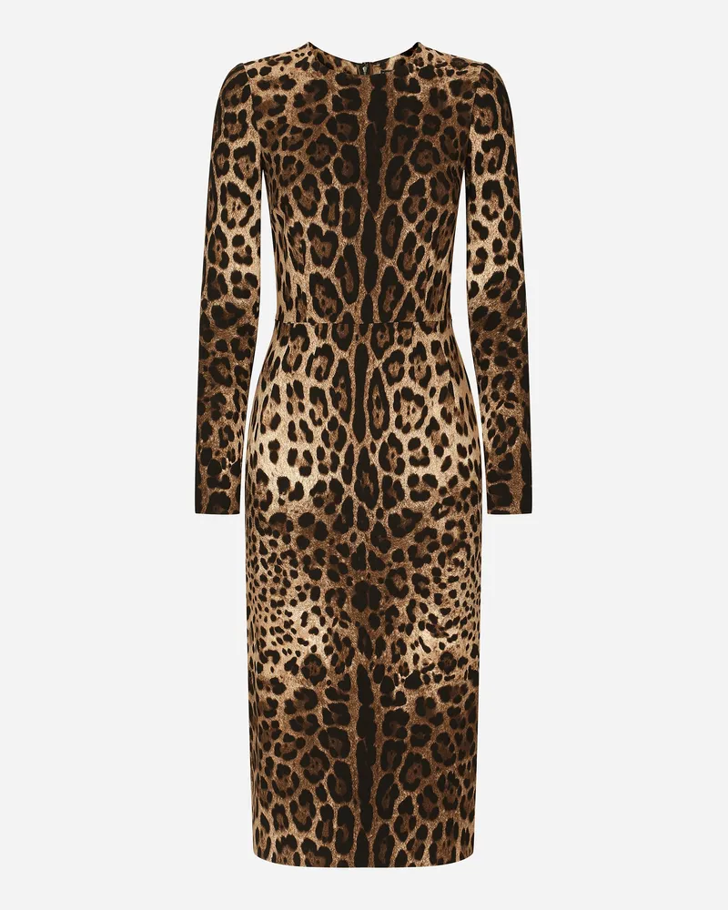 Dolce & Gabbana Langarmkleid Aus Cady Leoprint - Frau Kleider Animalprint Viskose Animal-print