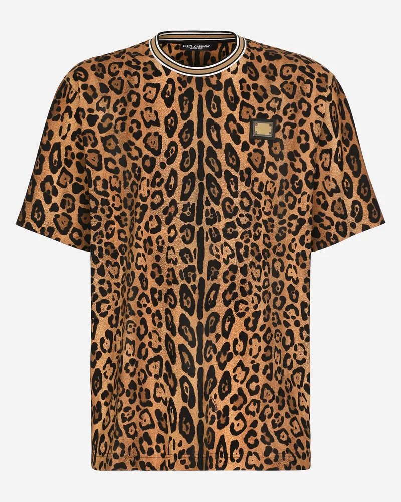 Dolce & Gabbana Rundhals-t-shirt Crespo Im Leoprint Mit Plakette - Mann T-shirts Und Polos Print Print