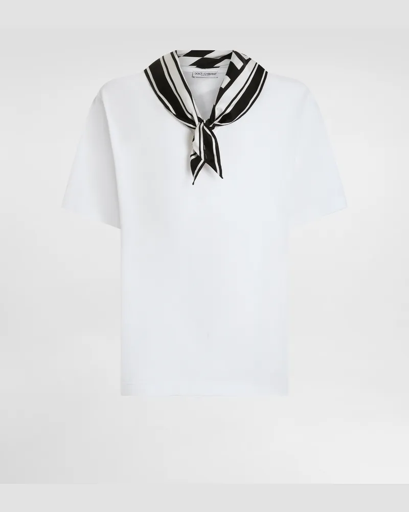 Dolce & Gabbana Kurzarm-t-shirt Aus Jersey Mit Seidentuch Am Kragen - Mann T-shirts Und Polos Wei Weiss