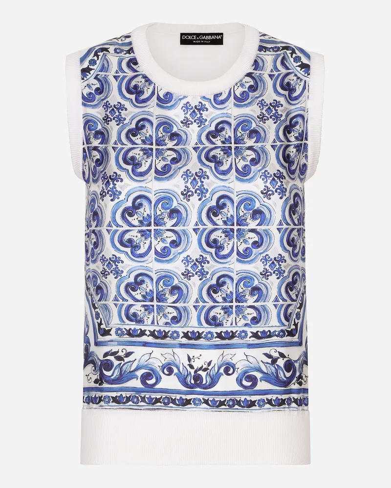 Dolce & Gabbana Ärmelloser Pullover Aus Seide Und Twill Majolika-print - Frau Strickwaren Blau Seide Mehrfarbig