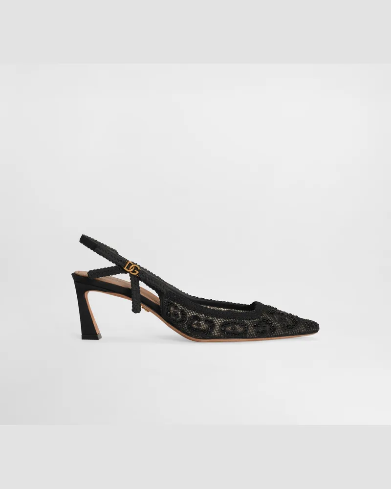 Dolce & Gabbana Slingback Aus Spitze Mit Leopardenmuster Und Hotfix-strass - Frau Pumps Und Slingbacks Schwarz Schwarz