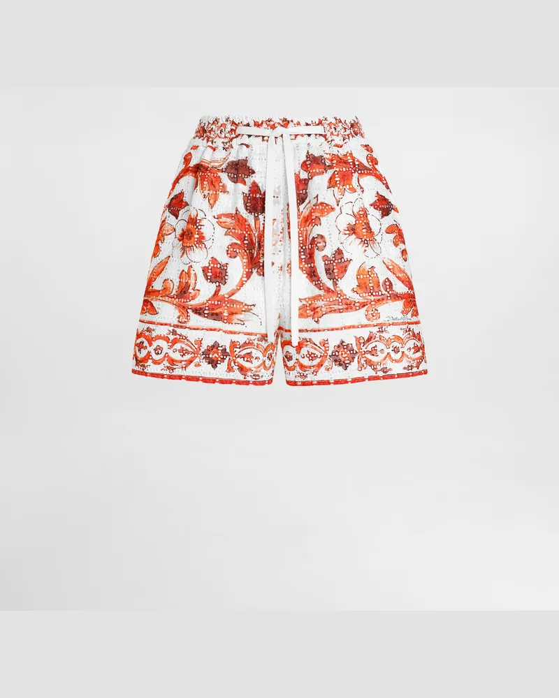 Dolce & Gabbana Shorts Aus Broderie-anglaise-spitze Mit Majolika-print - Frau Hosen Und Shorts Mehrfarbig Mehrfarbig