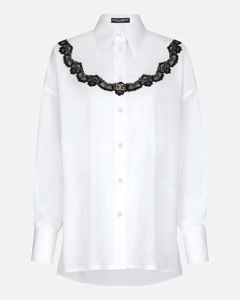 Dolce & Gabbana Oversize-bluse Aus Popeline Mit Einsätzen Aus Spitze - Frau Blusen Und Tops Wei� Baumwolle Weiss