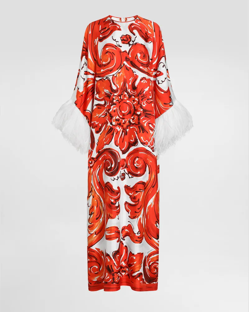 Dolce & Gabbana Langes Kaftankleid Mit Federfransen In Majolika-print - Frau Kleider Mehrfarbig Mehrfarbig