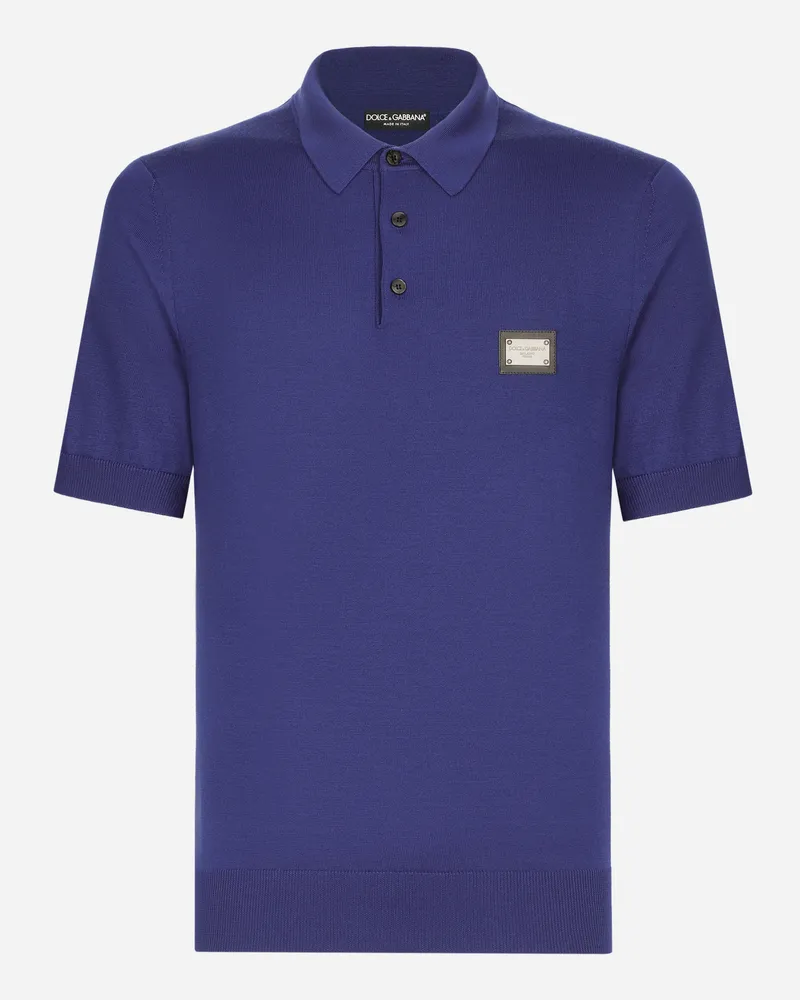 Dolce & Gabbana Poloshirt Aus Wolle Mit Logoplakette - Mann Strickwaren Blau Wolle Blau