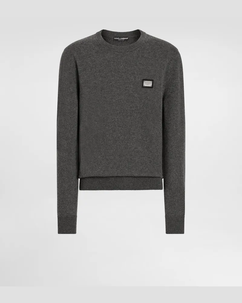 Dolce & Gabbana Rundhalspullover Aus Wolle Mit Logoplakette - Mann Strickwaren Grau Wolle Grau