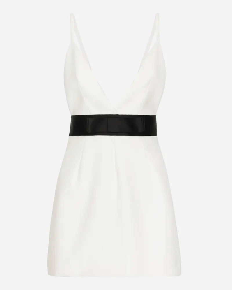Dolce & Gabbana Kurzes Kleid Aus Wolle In Leinwandbindung Mit Trägern Und Gürtel Aus Satin - Frau Kleider Wei White