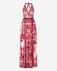 Dolce & Gabbana Langes ärmelloses Kleid aus Chiffon Majolika-Print Mehrfarbig