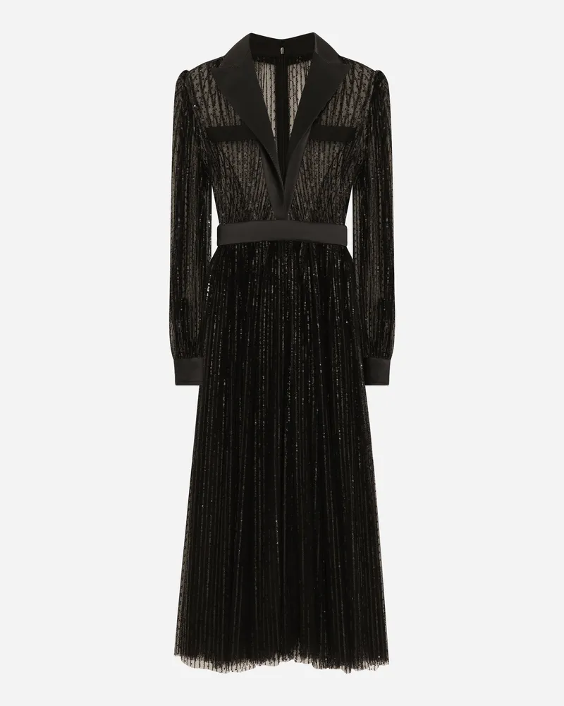 Dolce & Gabbana Longuette-hemdblusenkleid Im Smokingstil Aus Paillettenbesetztem Tüll - Frau Kleider Schwarz Schwarz