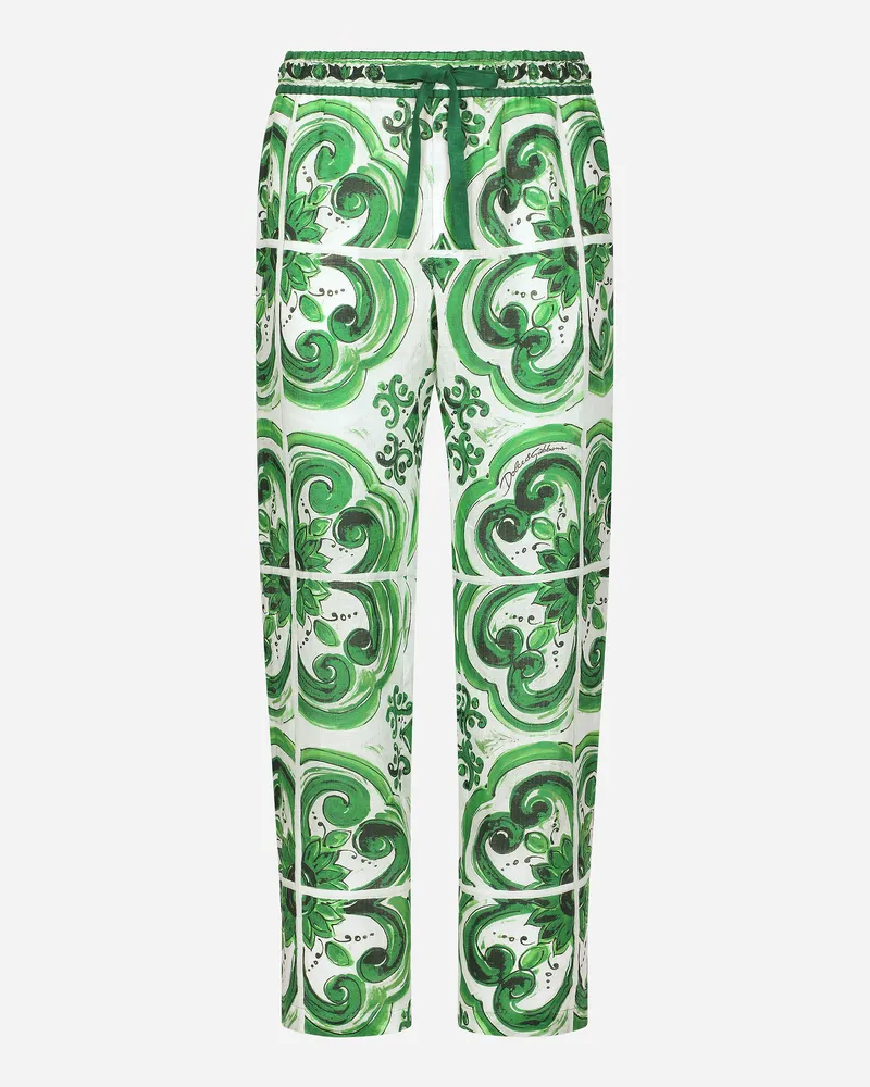 Dolce & Gabbana Jogginghose Aus Leinen Majolika-print - Mann Hosen Und Shorts Drucken Drucken