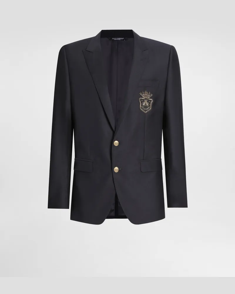 Dolce & Gabbana Einreihige Jacke aus Wolle und Seide mit Patch Blau