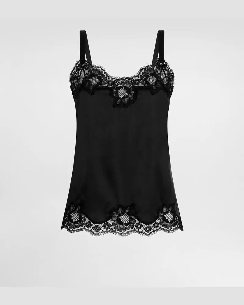 Dolce & Gabbana Hemdchen Aus Satin Mit Spitzendetails - Frau Unterwäsche Schwarz Seide Schwarz