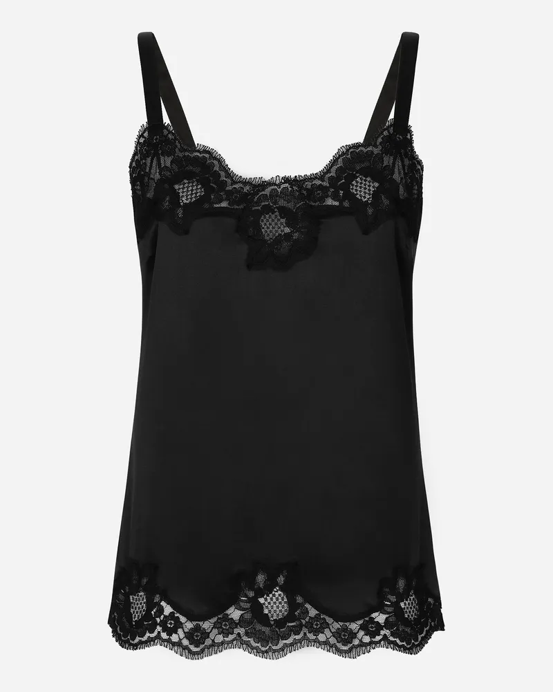 Dolce & Gabbana Hemdchen Aus Satin Mit Spitzendetails - Frau Unterwäsche Schwarz Seide Schwarz