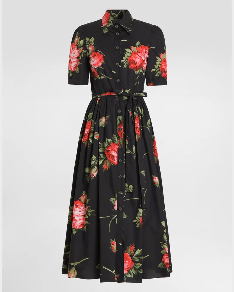 Dolce & Gabbana Hemdblusenkleid Aus Popeline Mit Rosenbouquet-print - Frau Kleider Mehrfarbig Mehrfarbig
