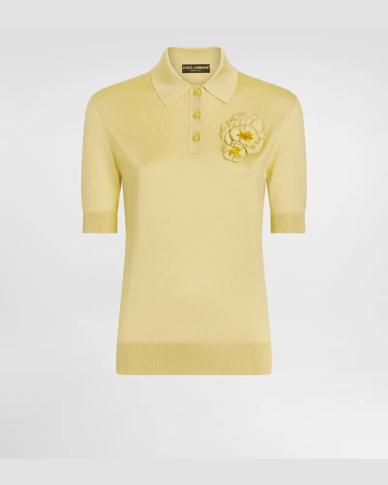 Dolce & Gabbana Poloshirt Aus Seide Mit Blumenbrosche - Frau T-shirts Und Sweatshirts Gelb Gelb