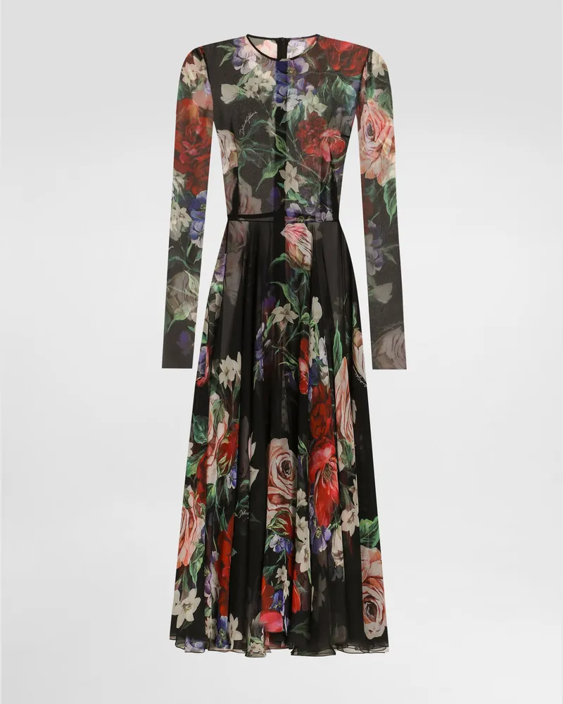 Dolce & Gabbana Longuettekleid Mit Tellerrock Aus Chiffon Blumenprint - Frau Kleider Drucken Drucken