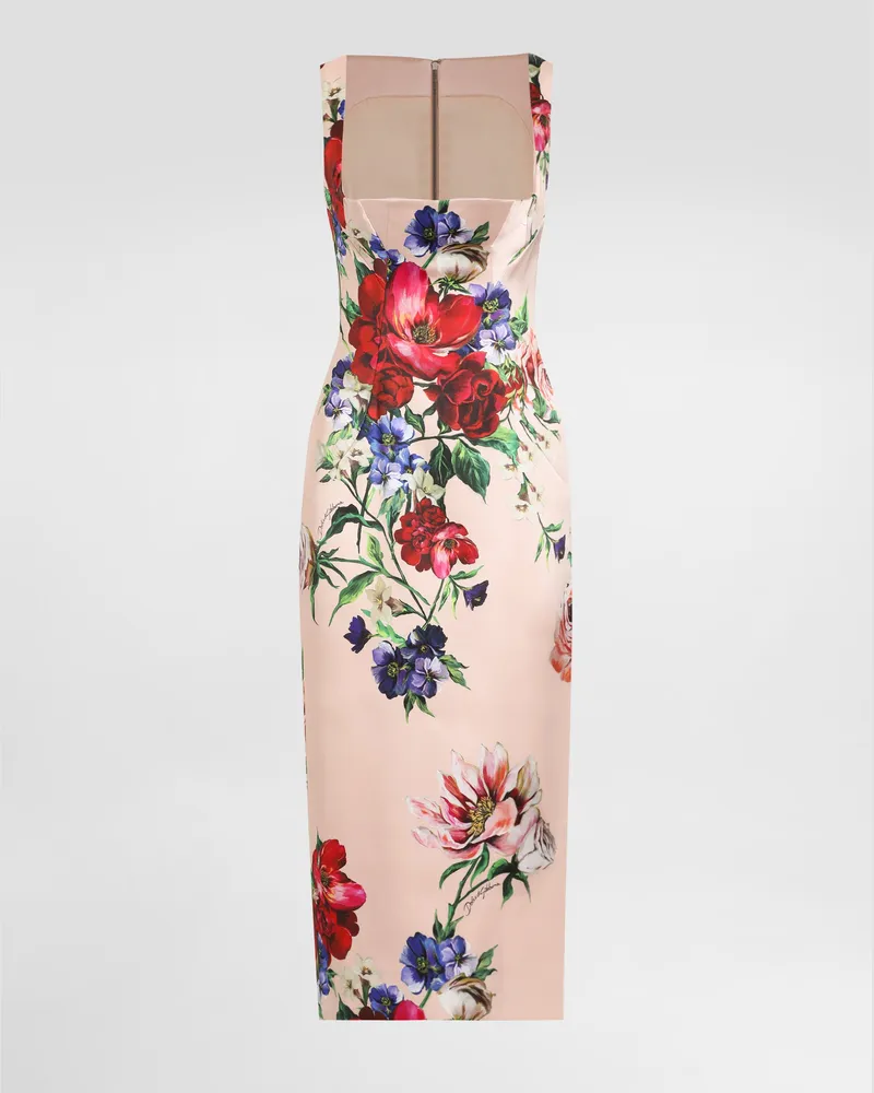 Dolce & Gabbana Longuette-schlauchkleid Aus Satin Blumenprint - Frau Kleider Drucken Drucken