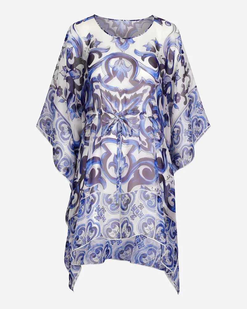 Dolce & Gabbana Kurzer Kaftan Aus Chiffon Majolika-print - Frau Kleider Blau Seide Mehrfarbig