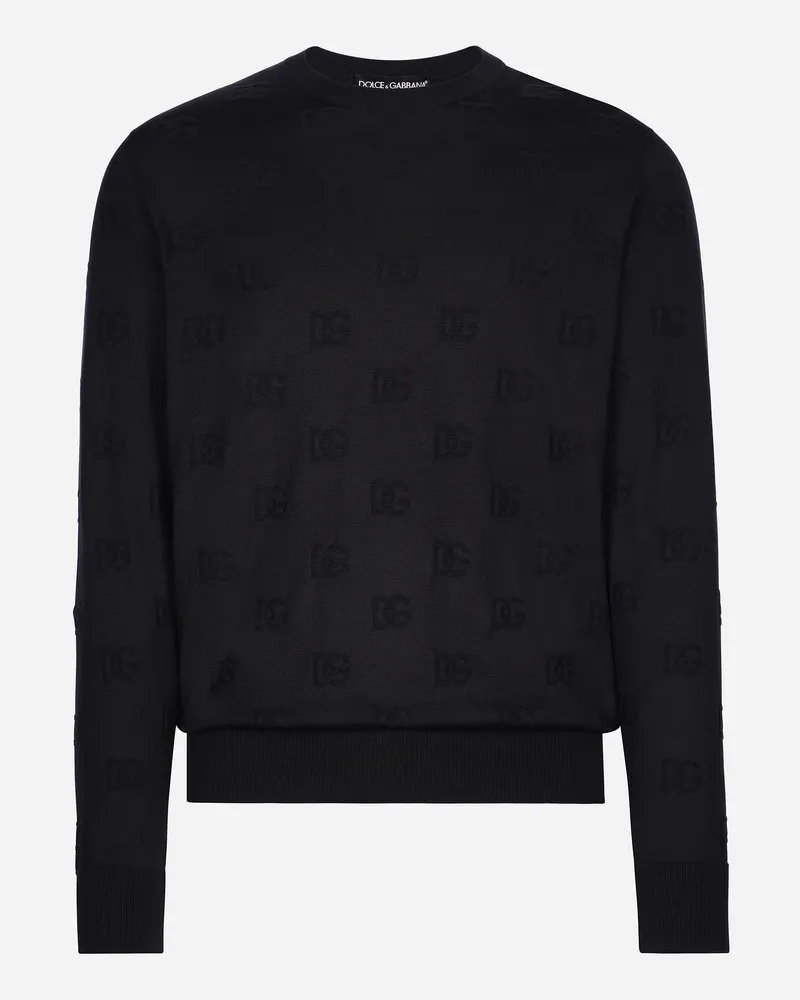 Dolce & Gabbana Rundhalspullover Aus Seide Dg-intarsienmotiv Allover - Mann Strickwaren Blau Blau