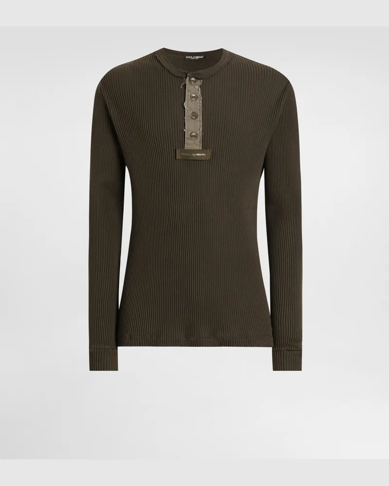 Dolce & Gabbana Ribbed Cotton Serafino T-shirt - Mann T-shirts Und Polos Grey Grey