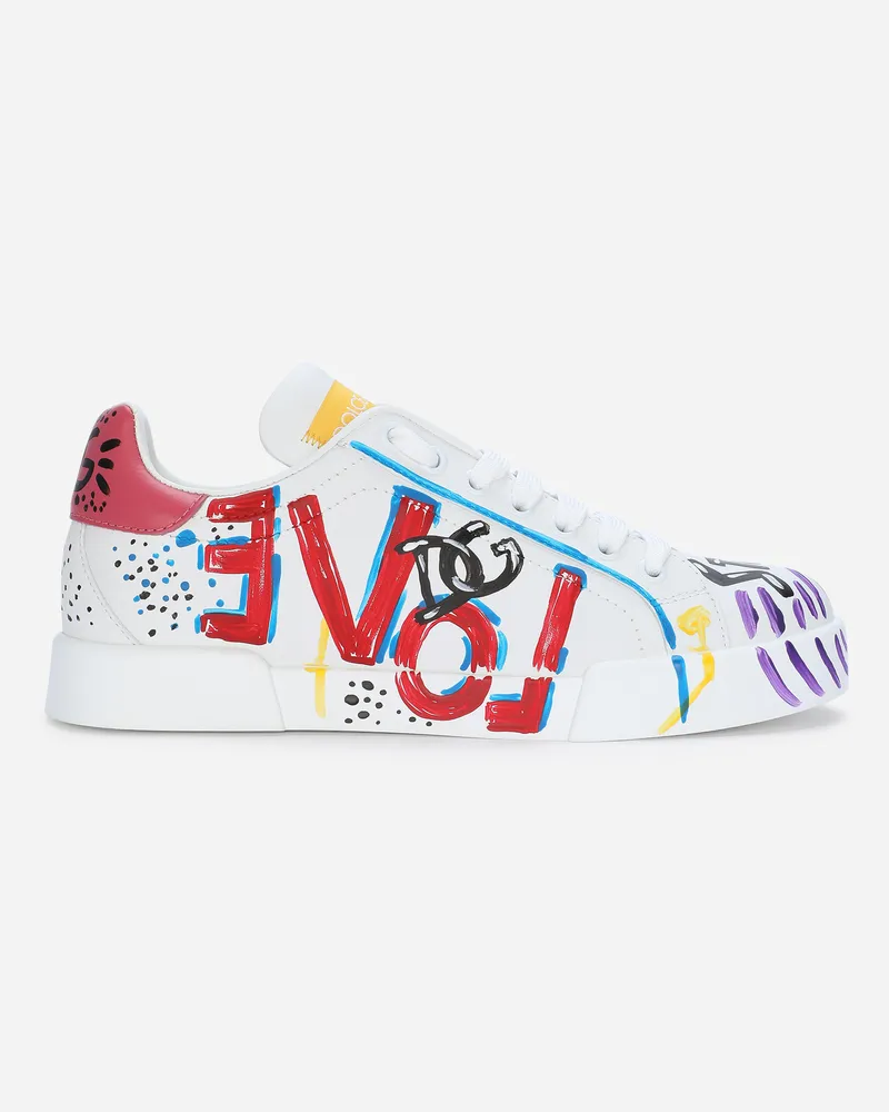 Dolce & Gabbana Sneaker Portofino Aus Kalbsleder Mit Schriftzügen - Frau Sneakers Wei� Leder Mehrfarbig