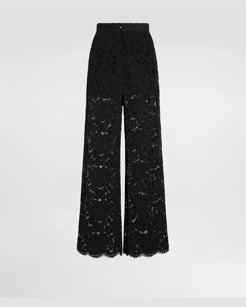 Dolce & Gabbana Ausgestellte Hose Aus Elastischer Spitze Mit Logo - Frau Hosen Und Shorts Schwarz Spitze Schwarz