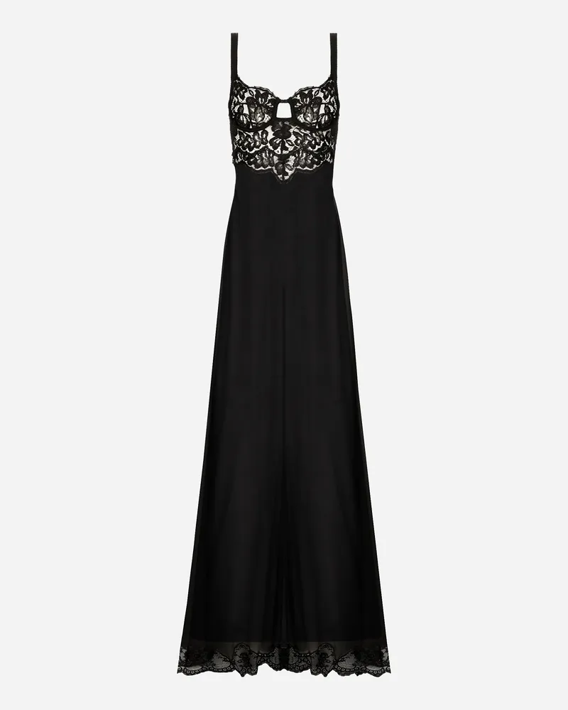 Dolce & Gabbana Langes Kleid Aus Seidenchiffon Und Oberteil Aus Spitze - Frau Kleider Schwarz Seide Schwarz