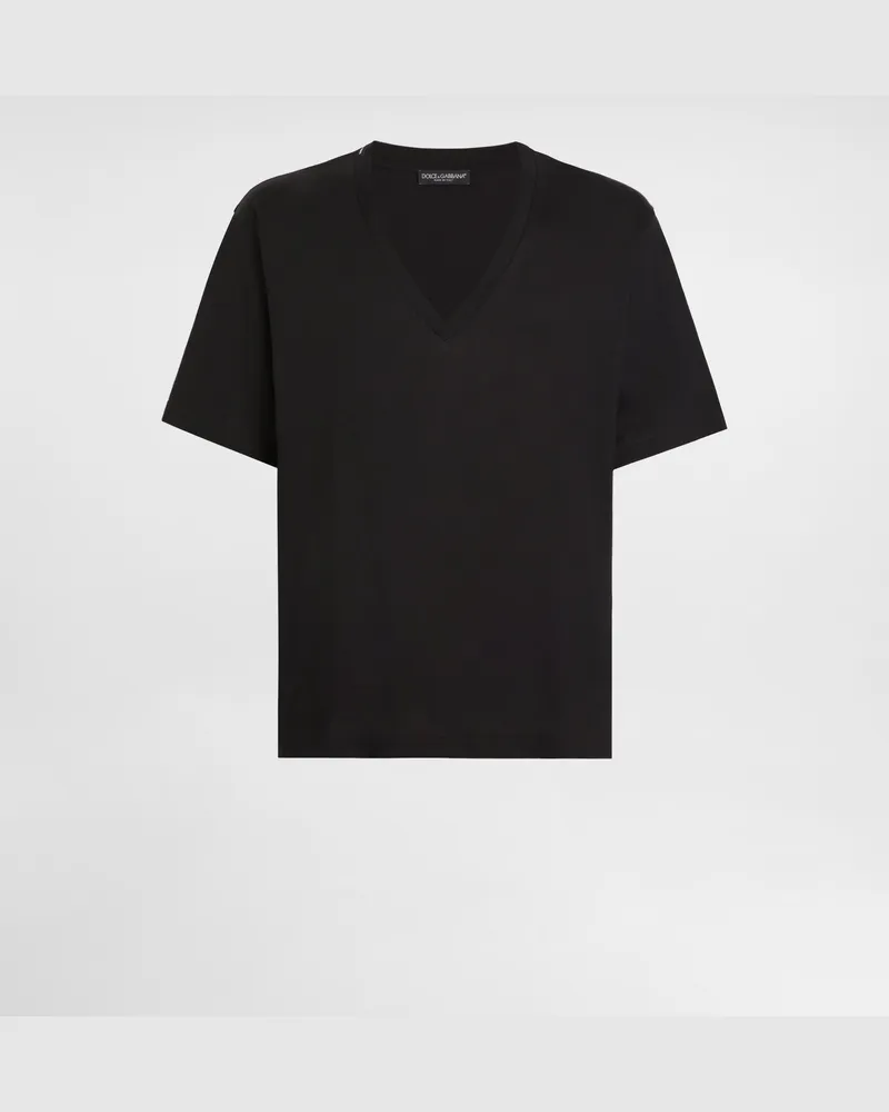 Dolce & Gabbana T-shirt Aus Baumwolle Mit V-ausschnitt - Mann T-shirts Und Polos Schwarz Baumwolle Schwarz