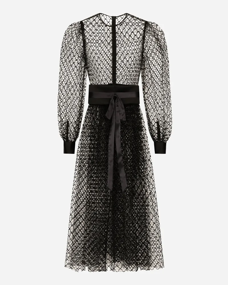 Dolce & Gabbana Longuette-kleid Netzgewebe Mit Gürtel Aus Wollkrepp - Frau Kleider Schwarz Schwarz