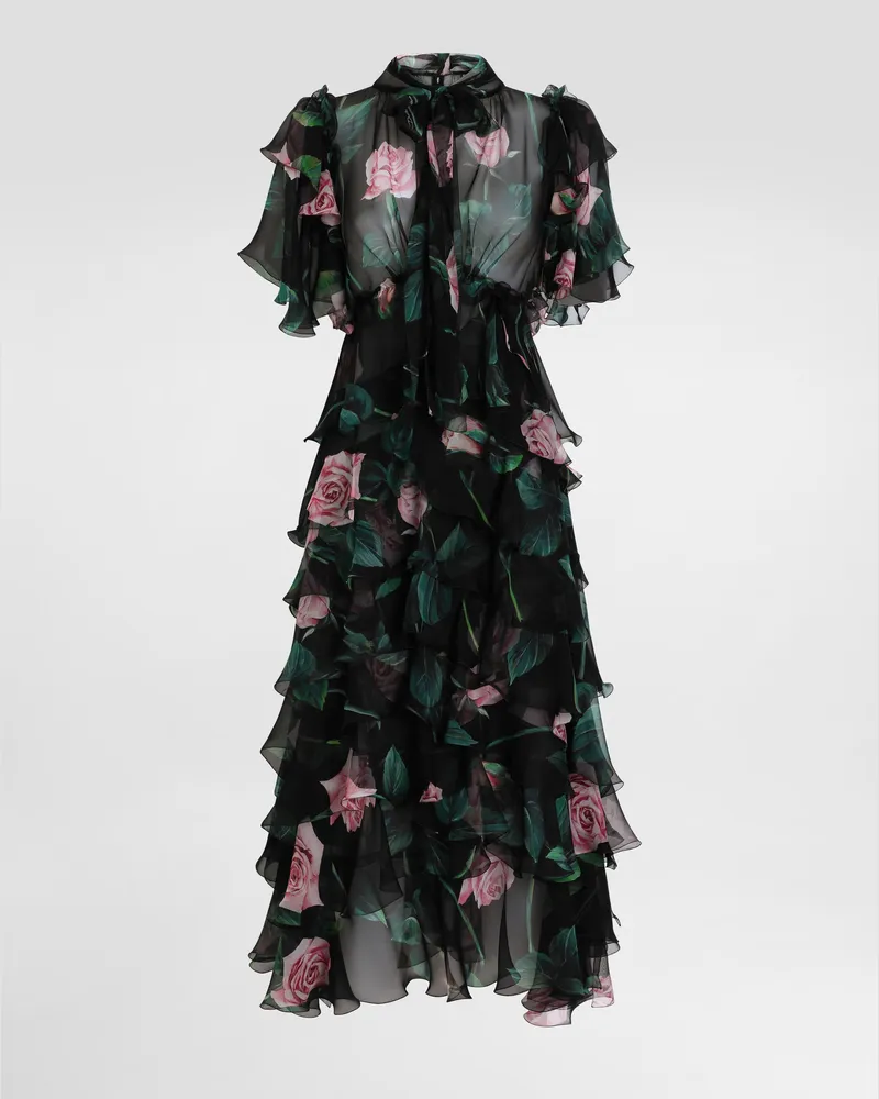 Dolce & Gabbana Longuette-kleid Mit Rüschen Und Volants Aus Chiffon Rosenprint - Frau Kleider Drucken Drucken