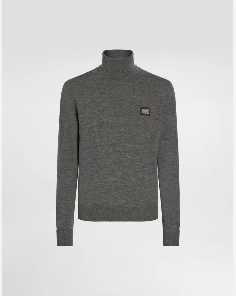 Dolce & Gabbana Rollkragenpullover Wolle Mit Logoplakette - Mann Strickwaren Grau Wolle Grau