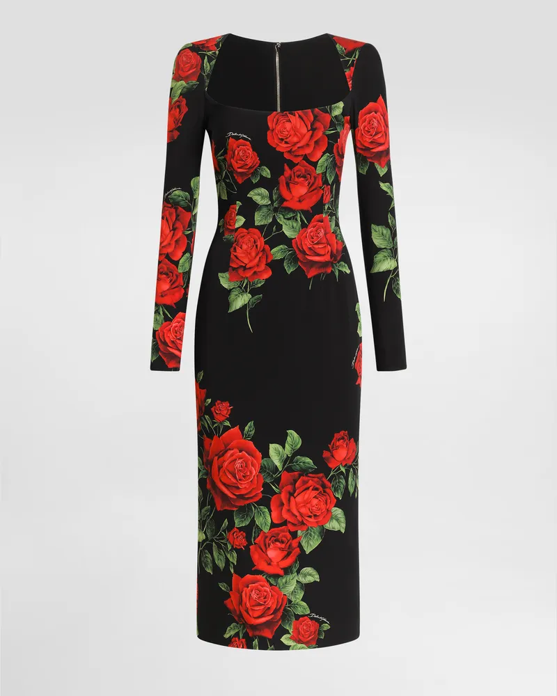 Dolce & Gabbana Midikleid Aus Charmeuse Mit Rosenprint - Frau Kleider Mehrfarbig Mehrfarbig