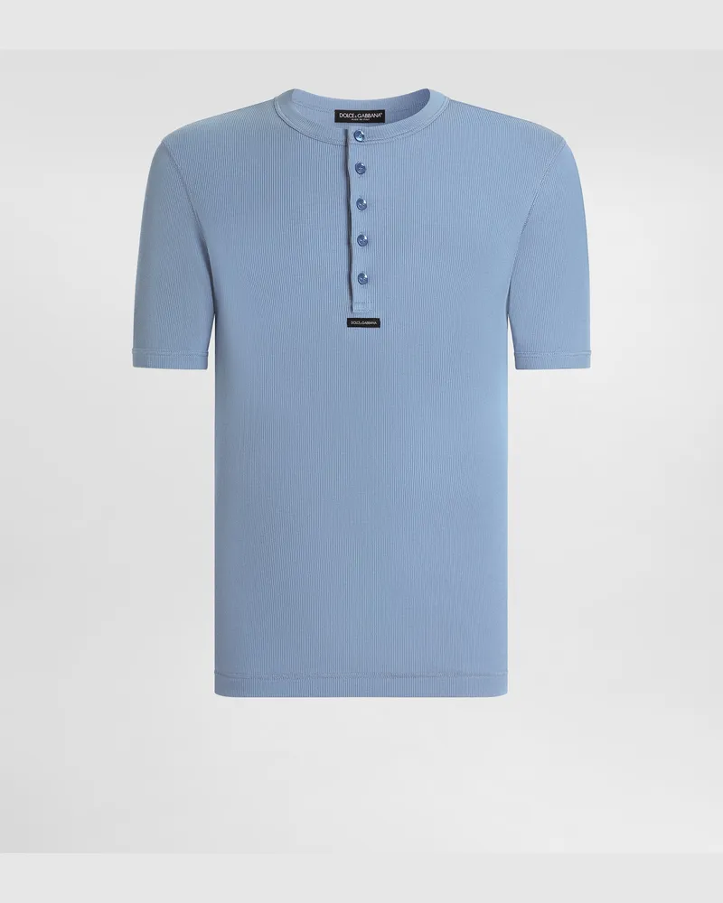 Dolce & Gabbana Cotton Serafino T-shirt With Print - Mann T-shirts Und Polos Blue Blue