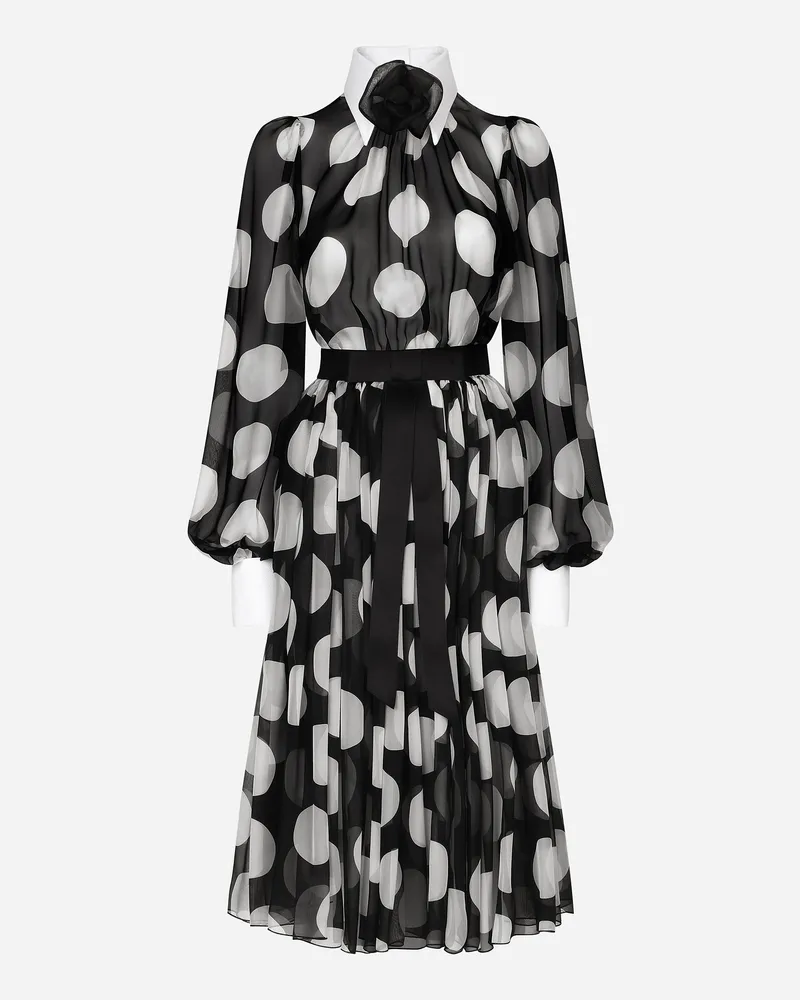 Dolce & Gabbana Longuette-kleid Aus Chiffon Punkteprint Mit Details Aus Piqué - Frau Kleider Drucken Drucken