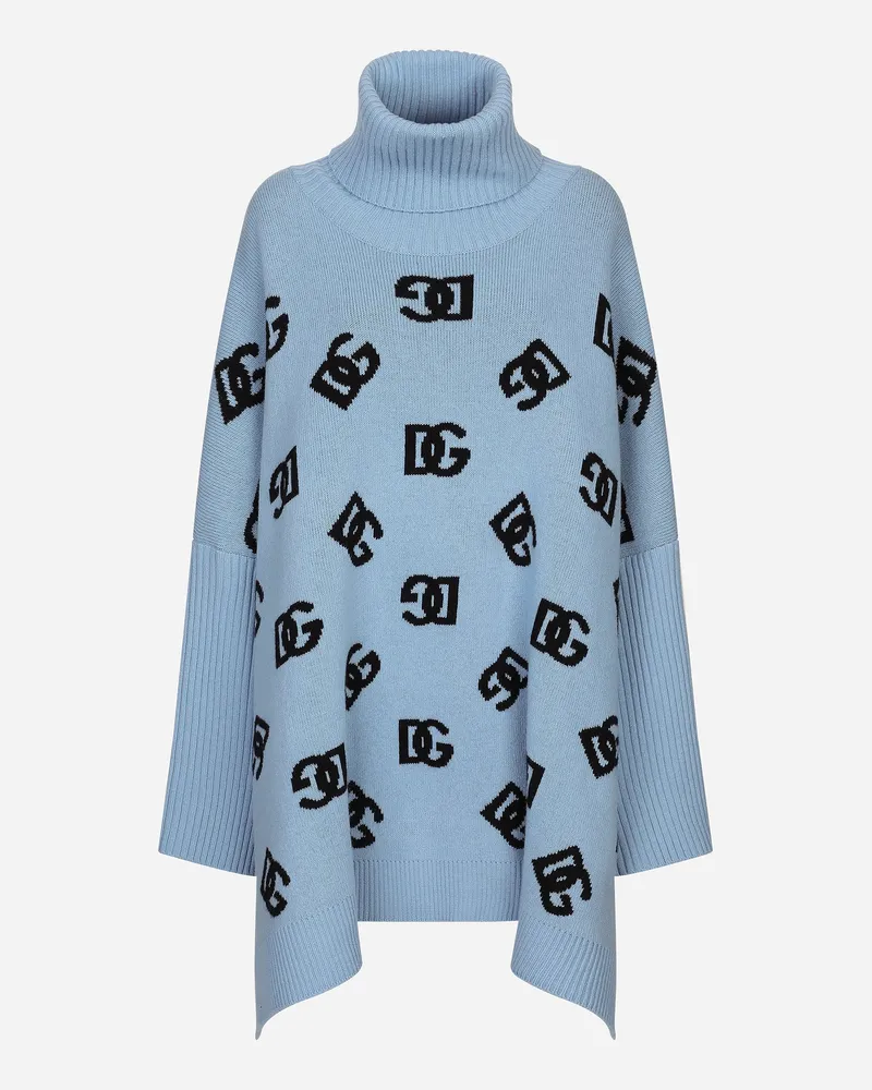 Dolce & Gabbana Poncho mit hohem Kragen aus Wolle mit DG-Intarsienlogo Azurblau